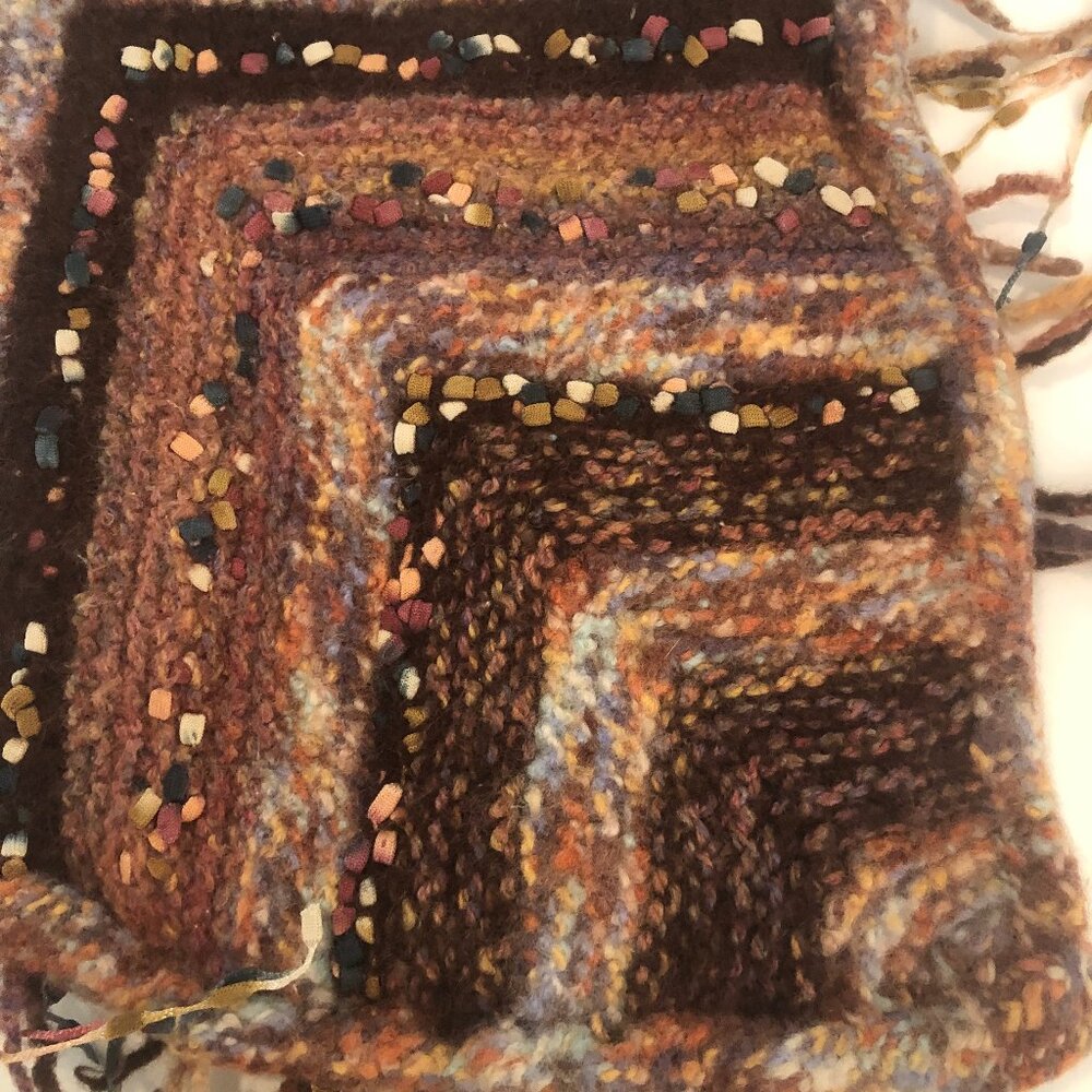 Vintage Handmade Beaded Felted Wool Chevron Bag w/ Fringe & Golden Lining - Picture 6 of 9